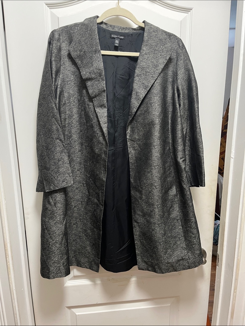 Eileen Fisher M Silver-Gray Open Front Trench Coat